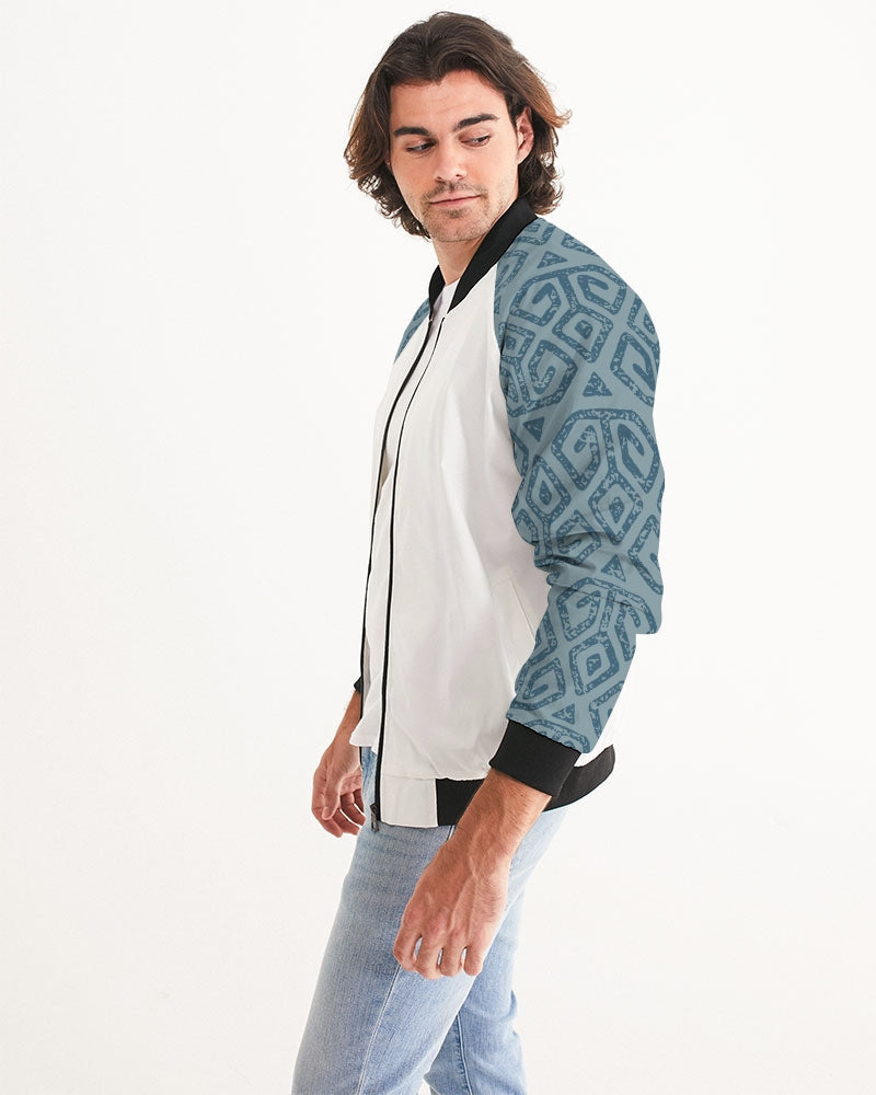 Men's Teal Tribal Cloth Bomber Jacket — bold all-over print by AmbiVirile, side view