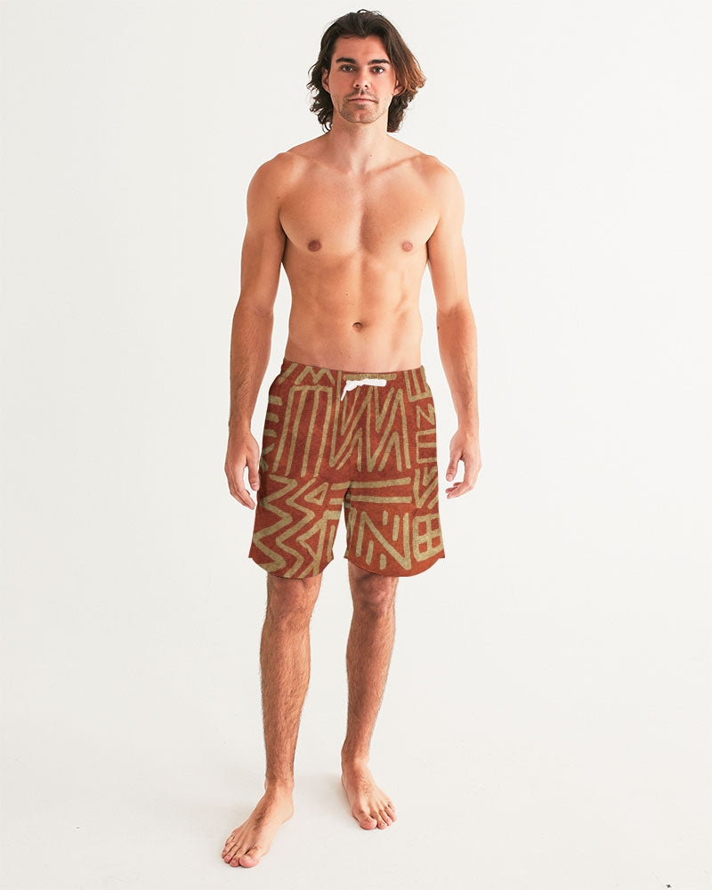Men's Tribal Cloth Swim Trunks — bold all-over print by AmbiVirile, back view
