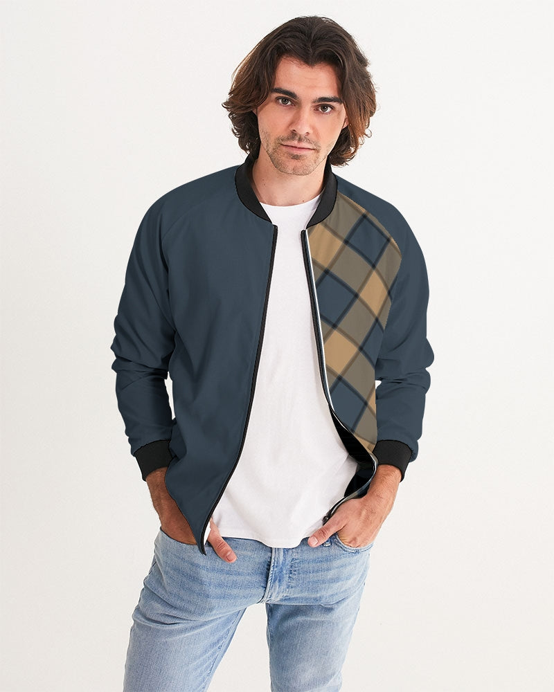 Men's Dark Teal Plaid Bomber Jacket — bold all-over print by AmbiVirile, front view
