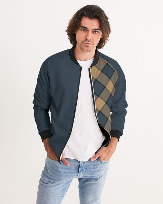 Men's Dark Teal Plaid Bomber Jacket — bold all-over print by AmbiVirile, front view