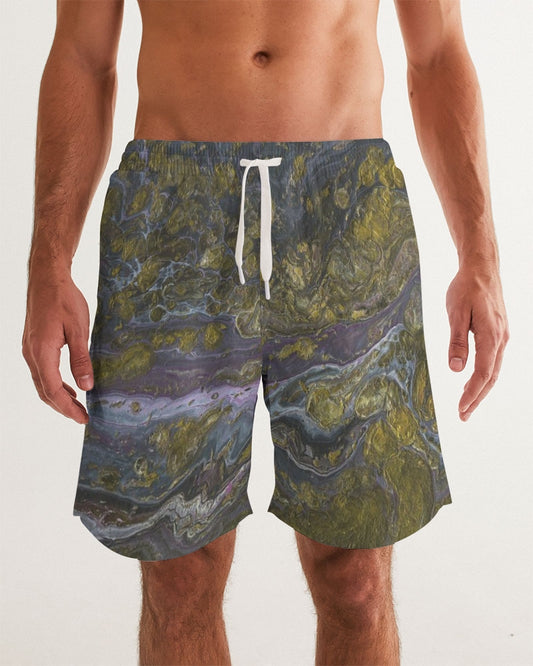 Men's Gold Paint Swim Trunks — bold all-over print by AmbiVirile, front view