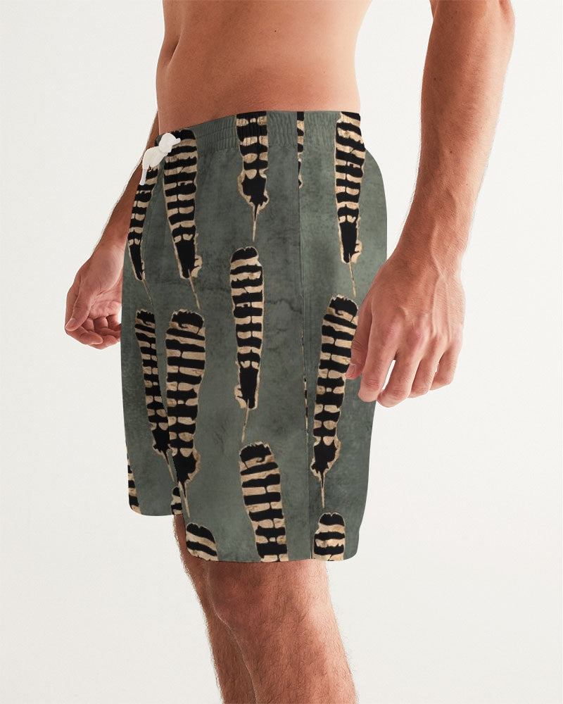 Men's Feather Sense Swim Trunks — bold all-over print by AmbiVirile, side view
