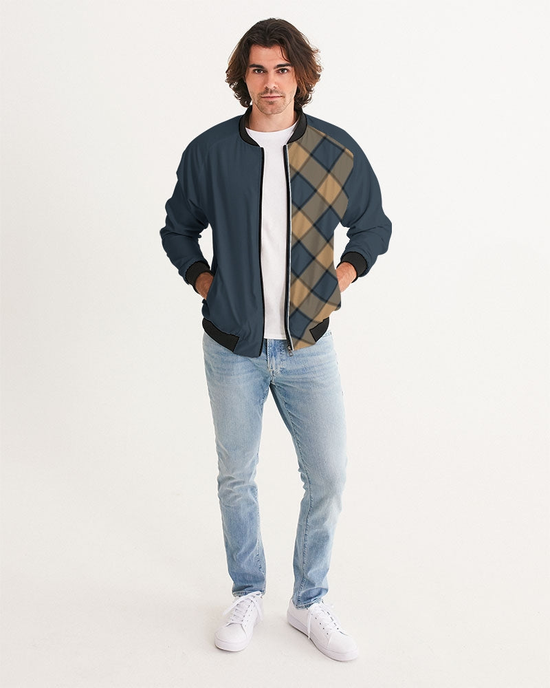 Men's Dark Teal Plaid Bomber Jacket — bold all-over print by AmbiVirile, back view