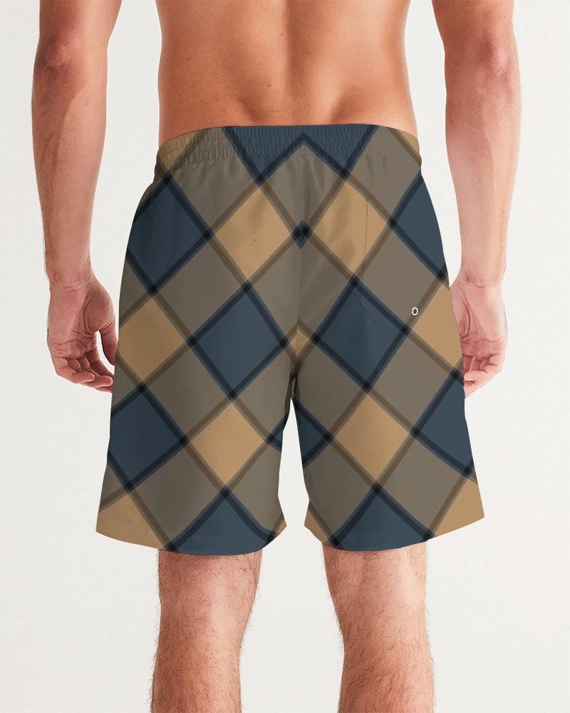 Men's Dark Teal Plaid Swim Trunks — bold all-over print by AmbiVirile, detail view