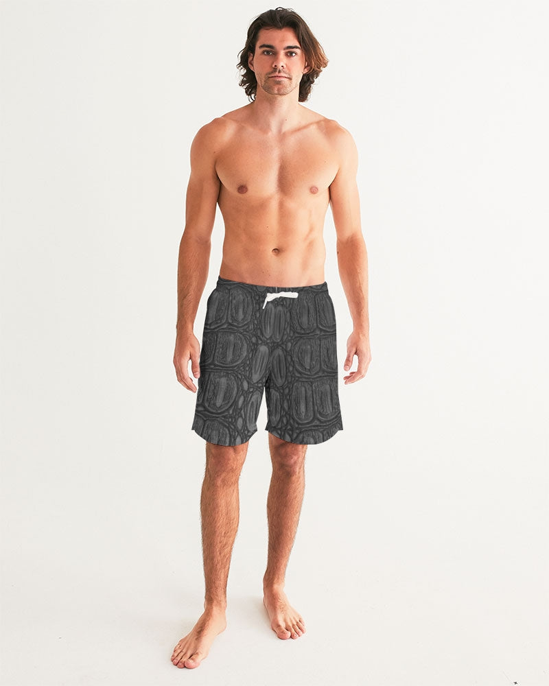 Men's Black Crocodile Love Swim Trunks — bold all-over print by AmbiVirile, back view