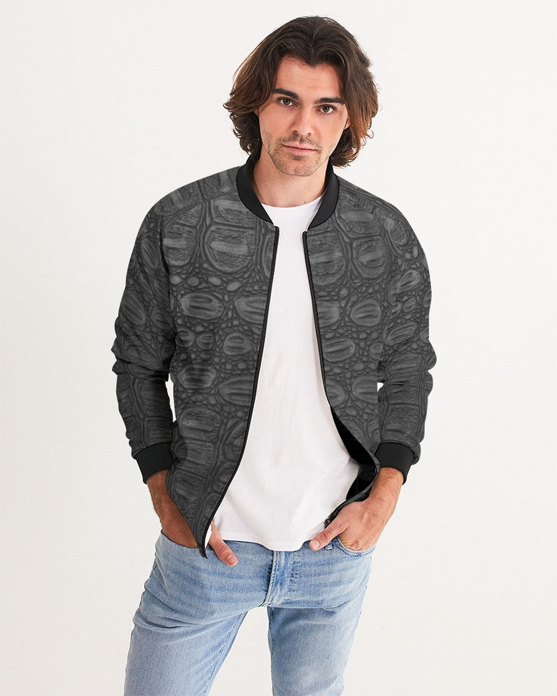 Men's Black Crocodile Bomber Jacket — bold all-over print by AmbiVirile, front view
