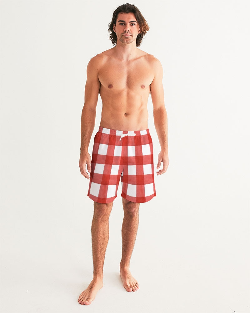 Men's Red Check Swim Trunks — bold all-over print by AmbiVirile, back view