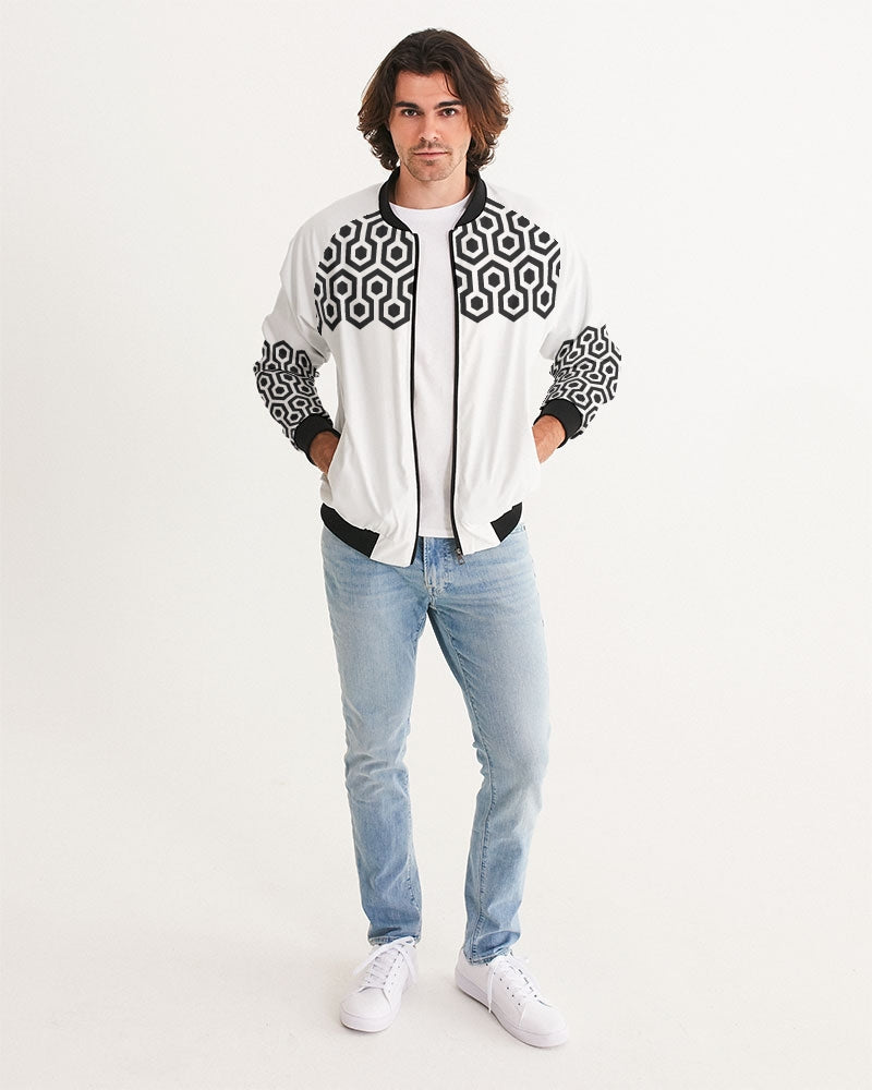 Men's Black Matter Bomber Jacket — bold all-over print by AmbiVirile, back view