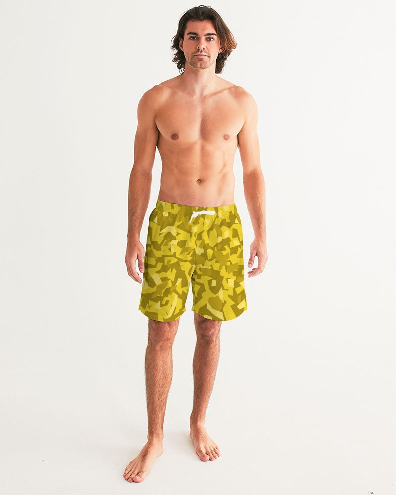 Men's AV Yellow Camo Swim Trunks — bold all-over print by AmbiVirile, back view