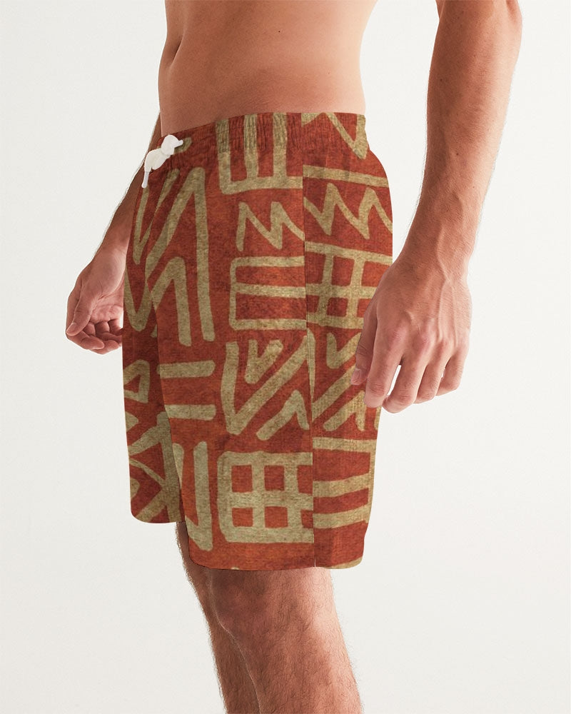 Men's Tribal Cloth Swim Trunks — bold all-over print by AmbiVirile, side view