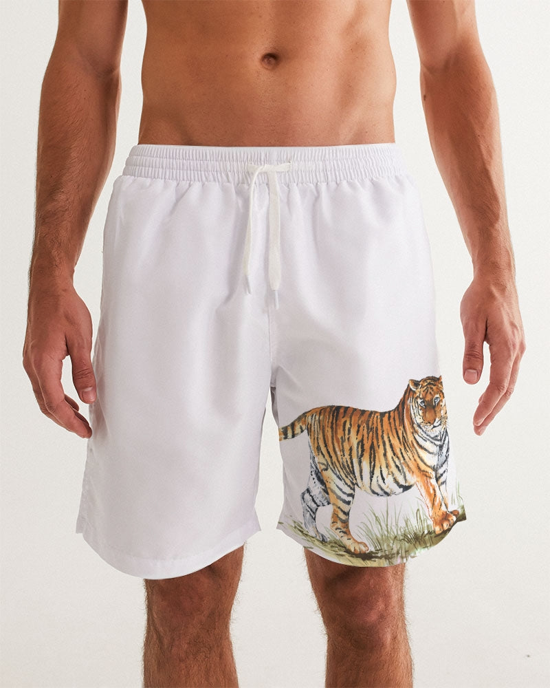Men's Tiger Love Swim Trunks — bold all-over print by AmbiVirile, front view
