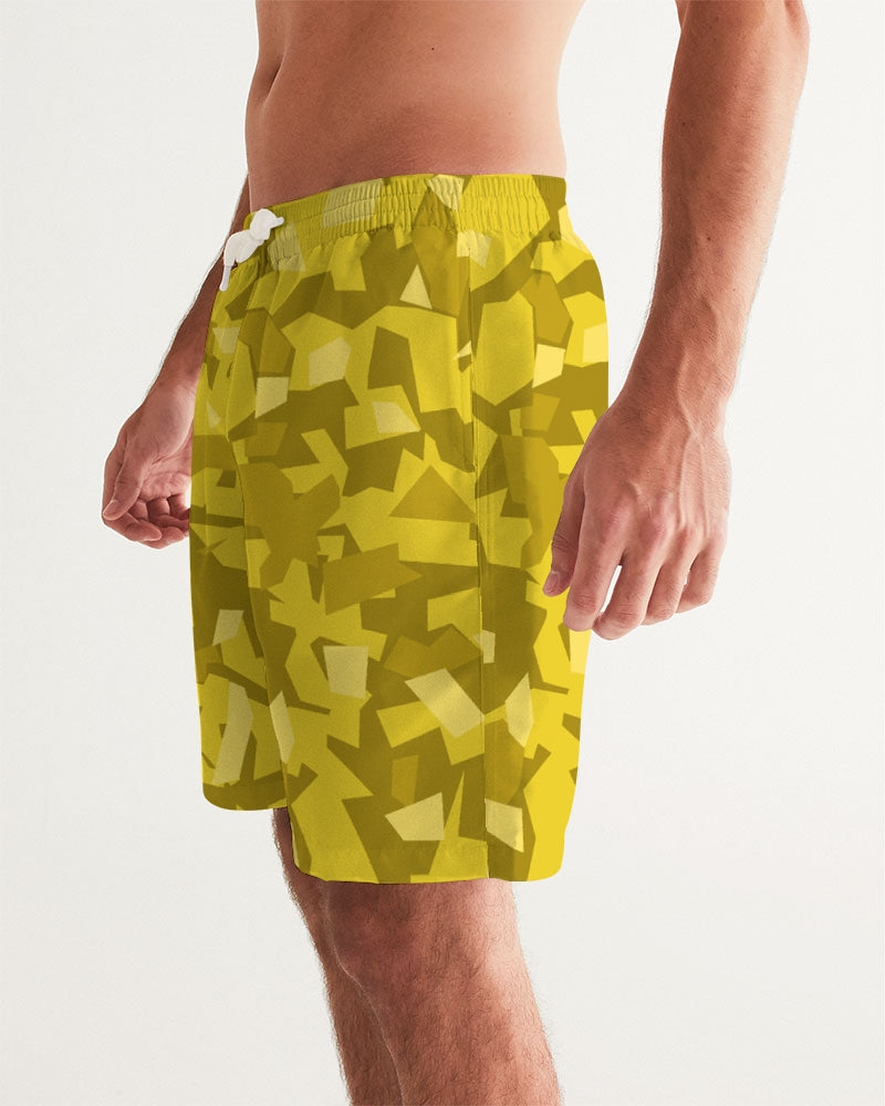 Men's AV Yellow Camo Swim Trunks — bold all-over print by AmbiVirile, side view