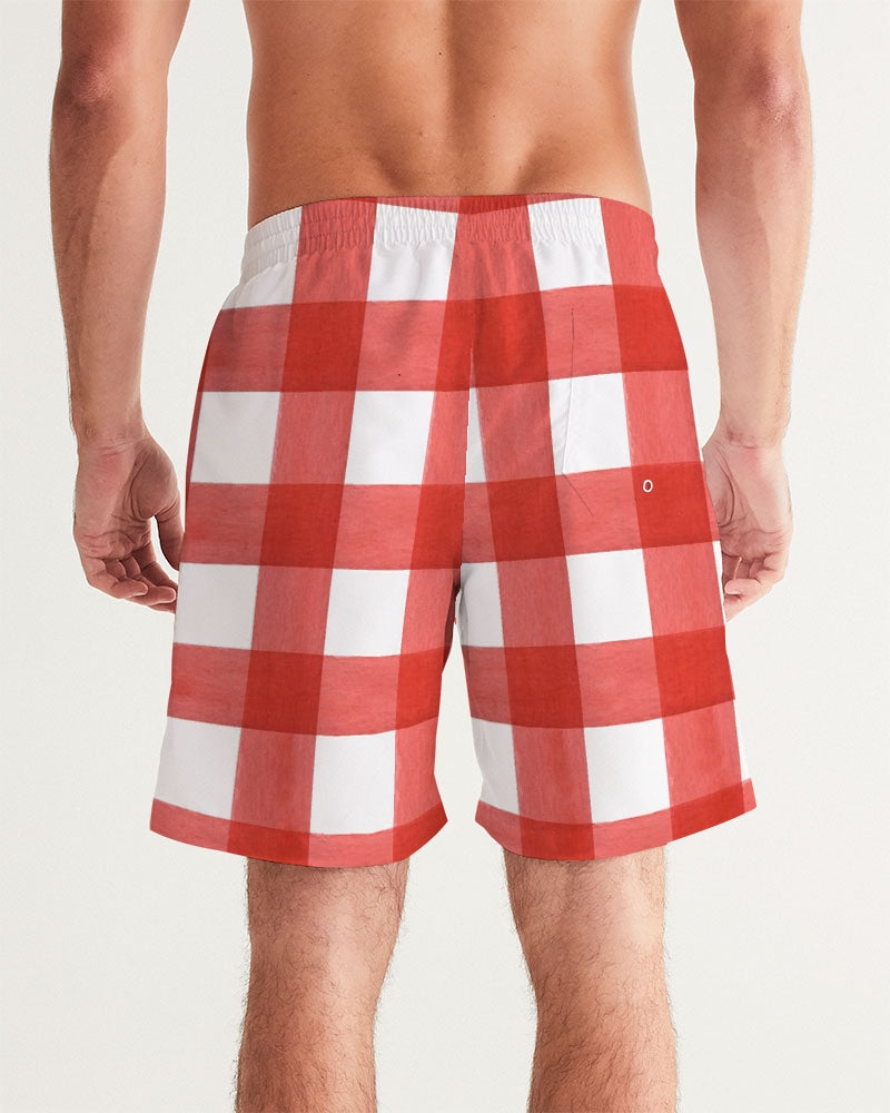 Men's Red Check Swim Trunks — bold all-over print by AmbiVirile, detail view