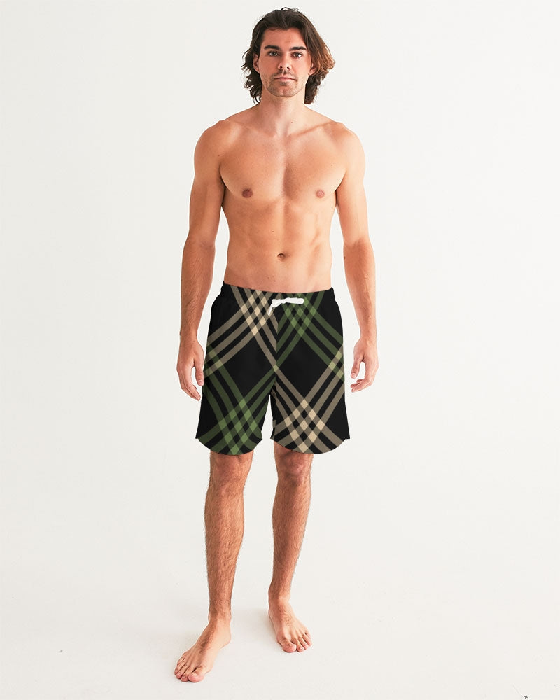 Men's Smooth Plaid Swim Trunks — bold all-over print by AmbiVirile, back view