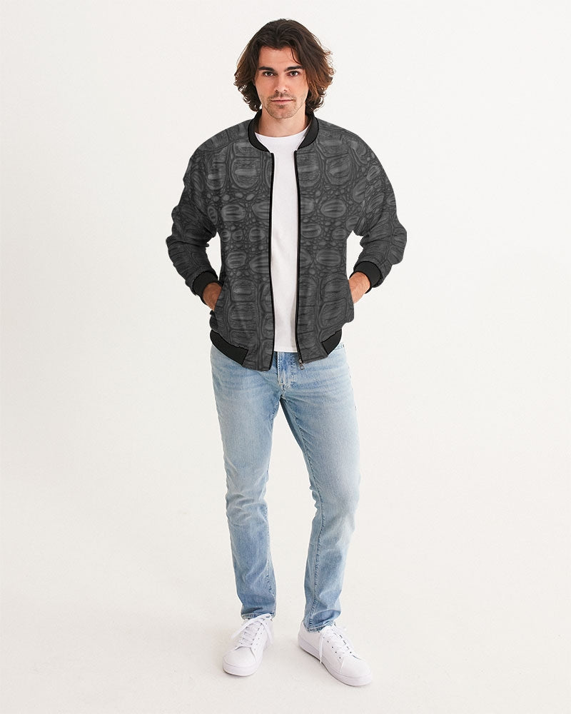 Men's Black Crocodile Bomber Jacket — bold all-over print by AmbiVirile, back view