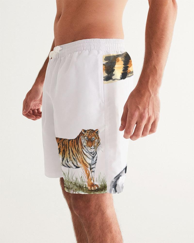 Men's Tiger Love Swim Trunks — bold all-over print by AmbiVirile, side view