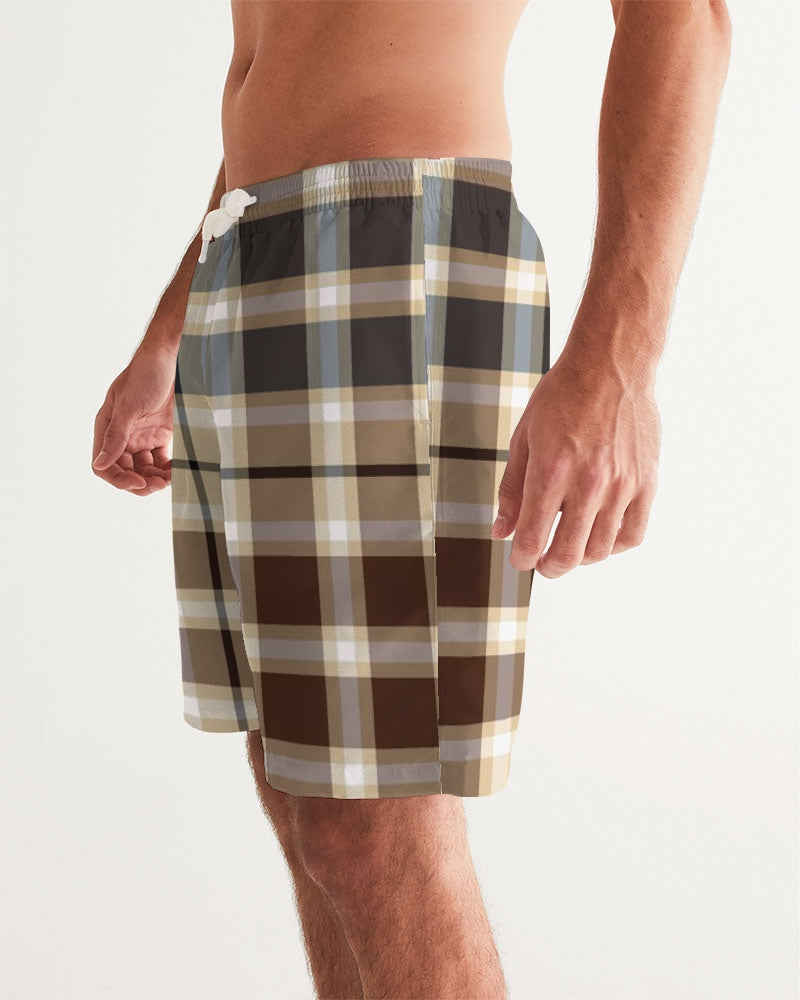 Men's Classic Plaid Brown Swim Trunks — bold all-over print by AmbiVirile, side view