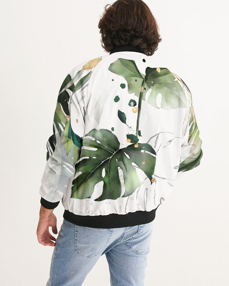 Men's Monstera Bomber Jacket — bold all-over print by AmbiVirile, detail view