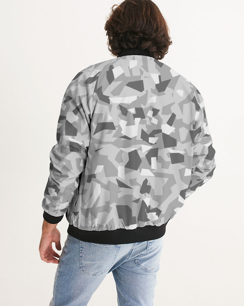 Men's AV White Camo Bomber Jacket — bold all-over print by AmbiVirile, side view