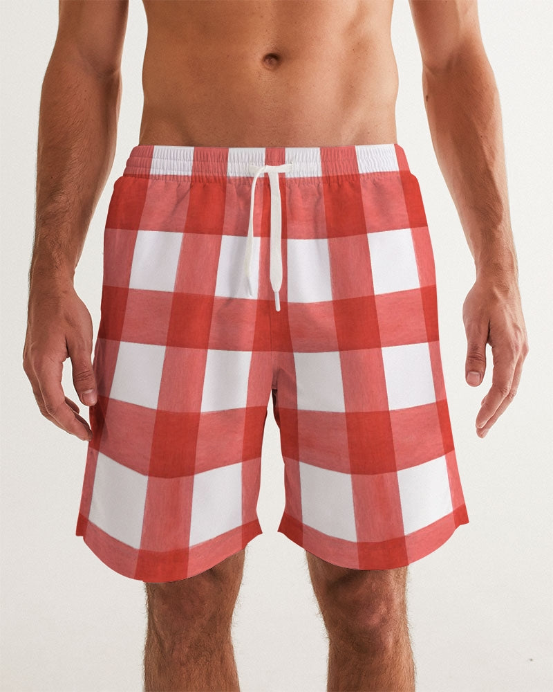 Men's Red Check Swim Trunks — bold all-over print by AmbiVirile, front view
