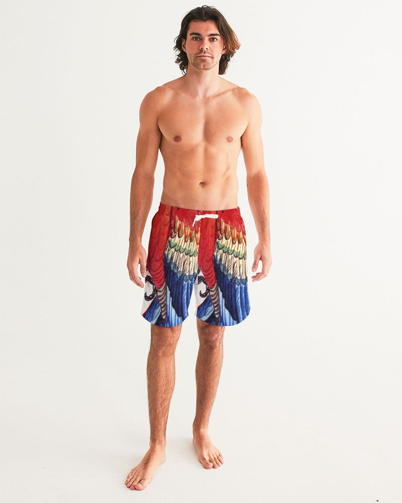 Men's Parrot Love Swim Trunks — bold all-over print by AmbiVirile, detail view