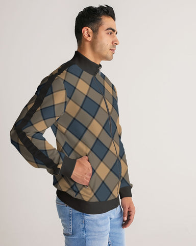 Dark Teal Plaid Men's Stripe-Sleeve Track Jacket