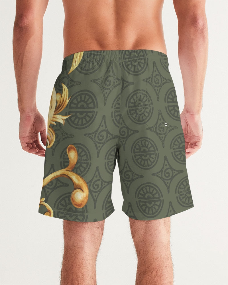 Men's Ornate Gold Swim Trunks — bold all-over print by AmbiVirile, detail view