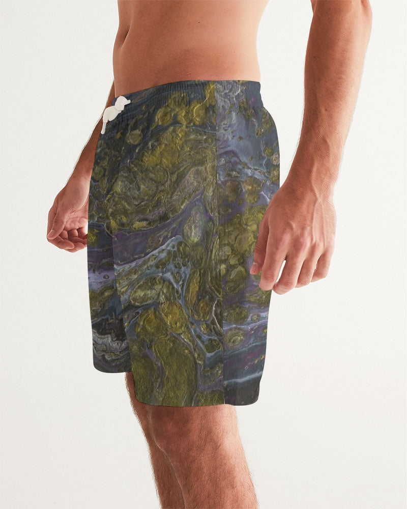 Men's Gold Paint Swim Trunks — bold all-over print by AmbiVirile, side view