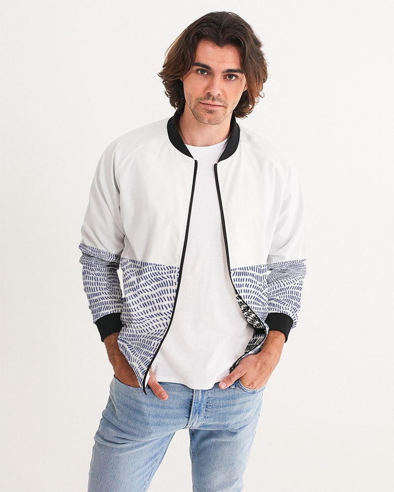 Men's Blue Matter Divide Bomber Jacket — bold all-over print by AmbiVirile, front view