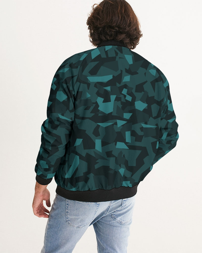 Men's AV Teal Camo Bomber Jacket — bold all-over print by AmbiVirile, detail view