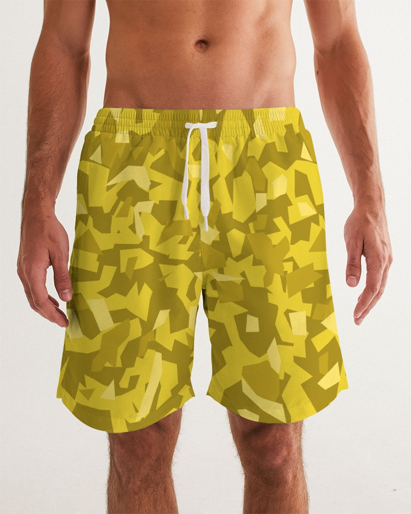 Men's AV Yellow Camo Swim Trunks — bold all-over print by AmbiVirile, front view