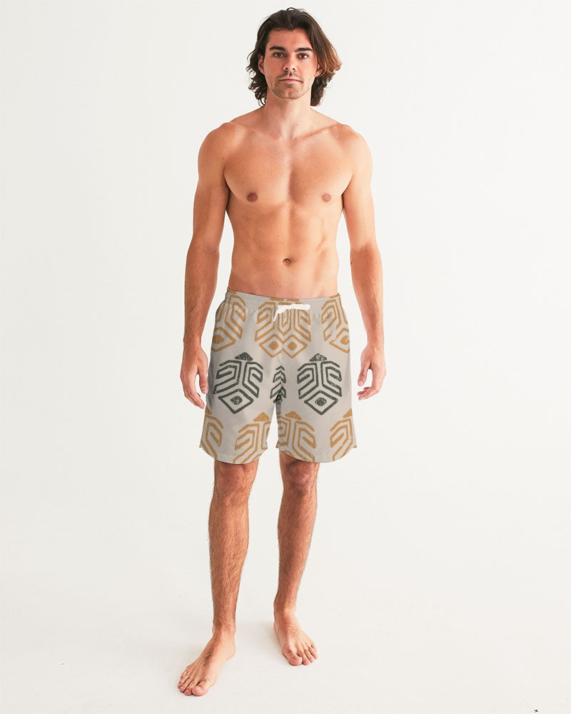 Men's Tribal Marks Swim Trunks — bold all-over print by AmbiVirile, back view