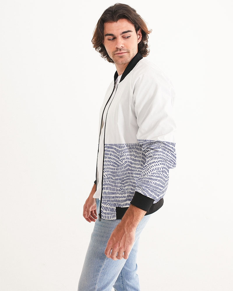 Men's Blue Matter Divide Bomber Jacket — bold all-over print by AmbiVirile, side view