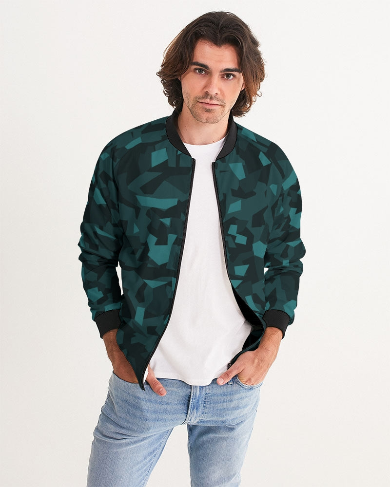 Men's AV Teal Camo Bomber Jacket — bold all-over print by AmbiVirile, front view
