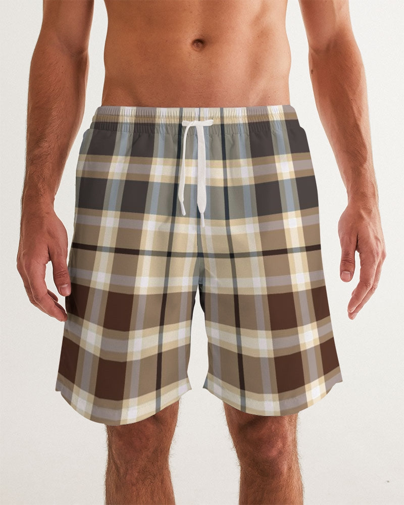 Men's Classic Plaid Brown Swim Trunks — bold all-over print by AmbiVirile, front view