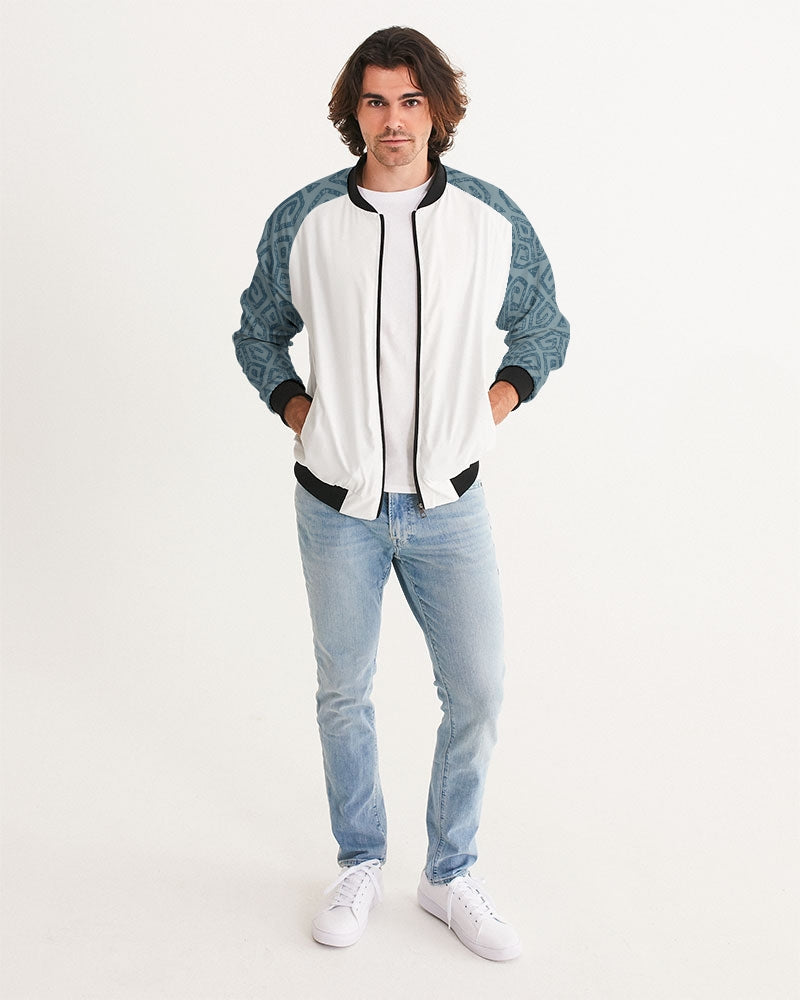 Men's Teal Tribal Cloth Bomber Jacket — bold all-over print by AmbiVirile, back view