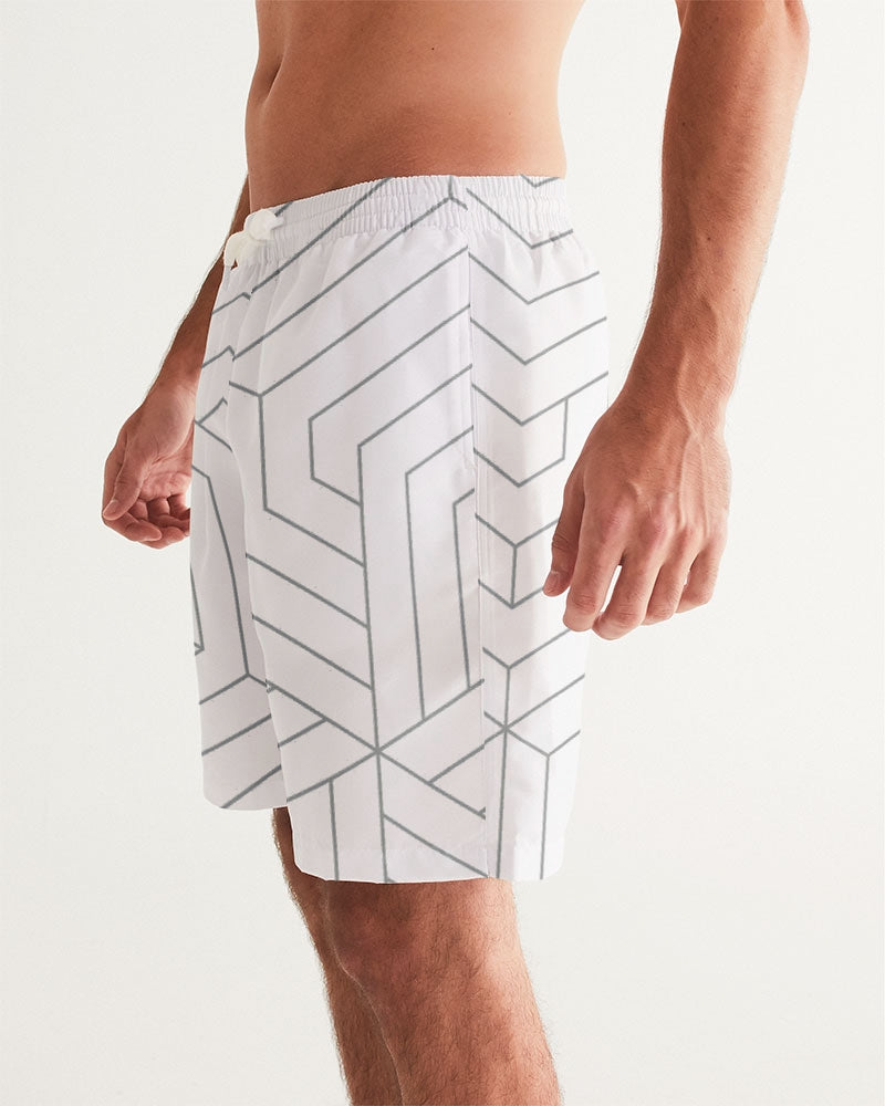 Men's Geo Sense Swim Trunks — bold all-over print by AmbiVirile, side view