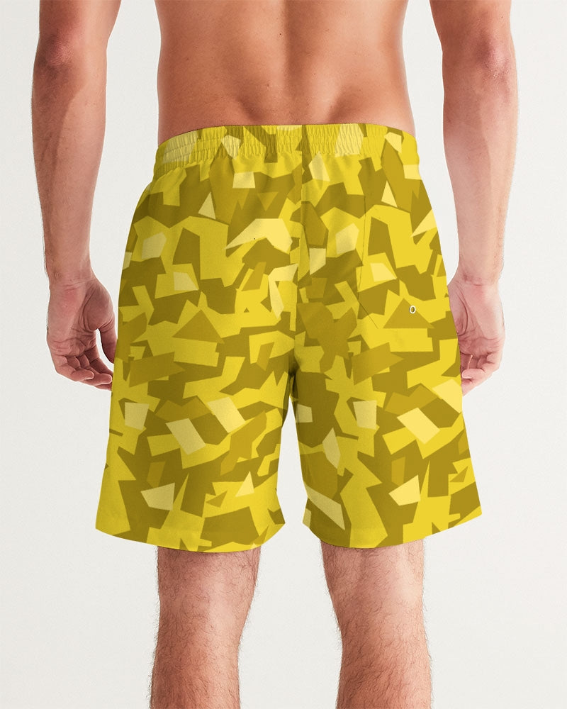 Men's AV Yellow Camo Swim Trunks — bold all-over print by AmbiVirile, detail view