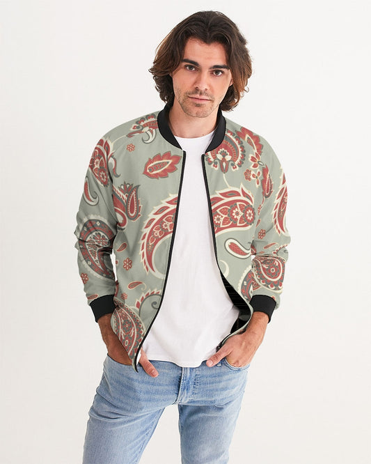Men's Mint Paisley Bomber Jacket — bold all-over print by AmbiVirile, front view