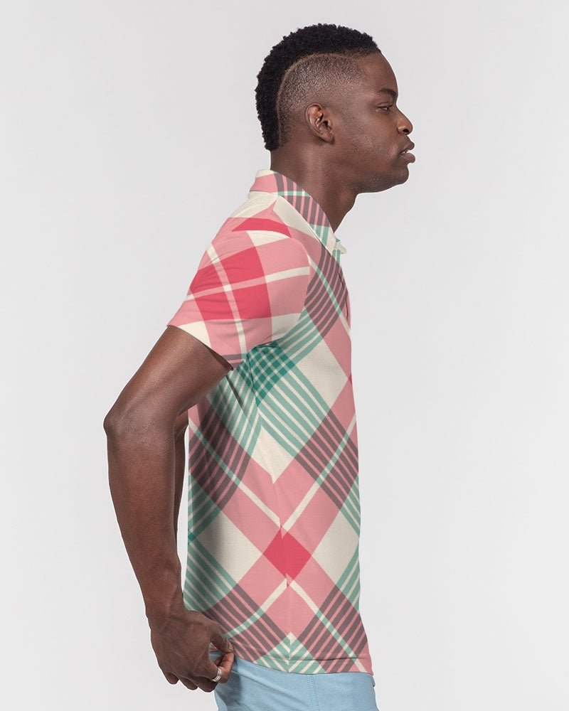 Candy Cane Plaid Men's Slim Fit Short Sleeve Polo