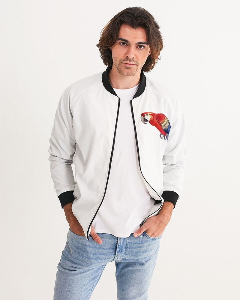 Men's Parrot Love Bomber Jacket — bold all-over print by AmbiVirile, front view