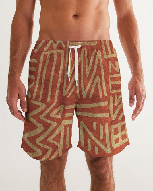 Men's Tribal Cloth Swim Trunks — bold all-over print by AmbiVirile, front view