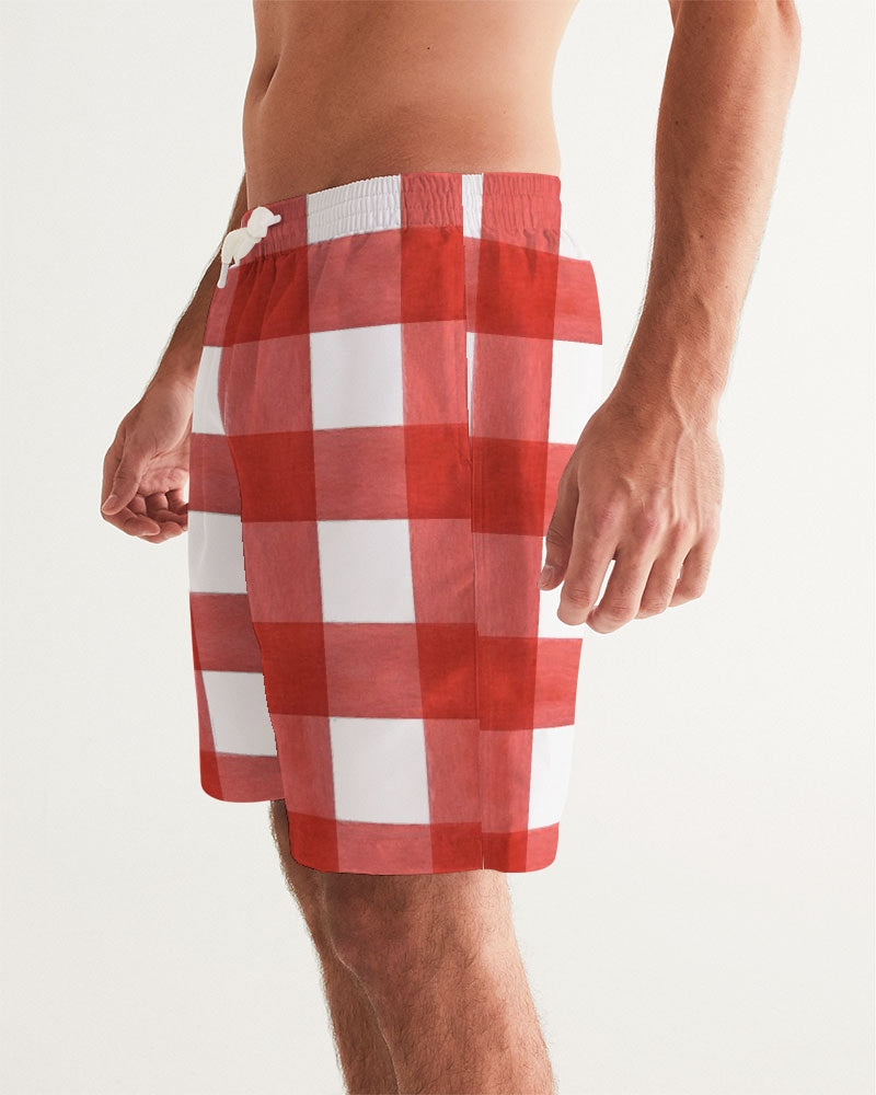 Men's Red Check Swim Trunks — bold all-over print by AmbiVirile, side view