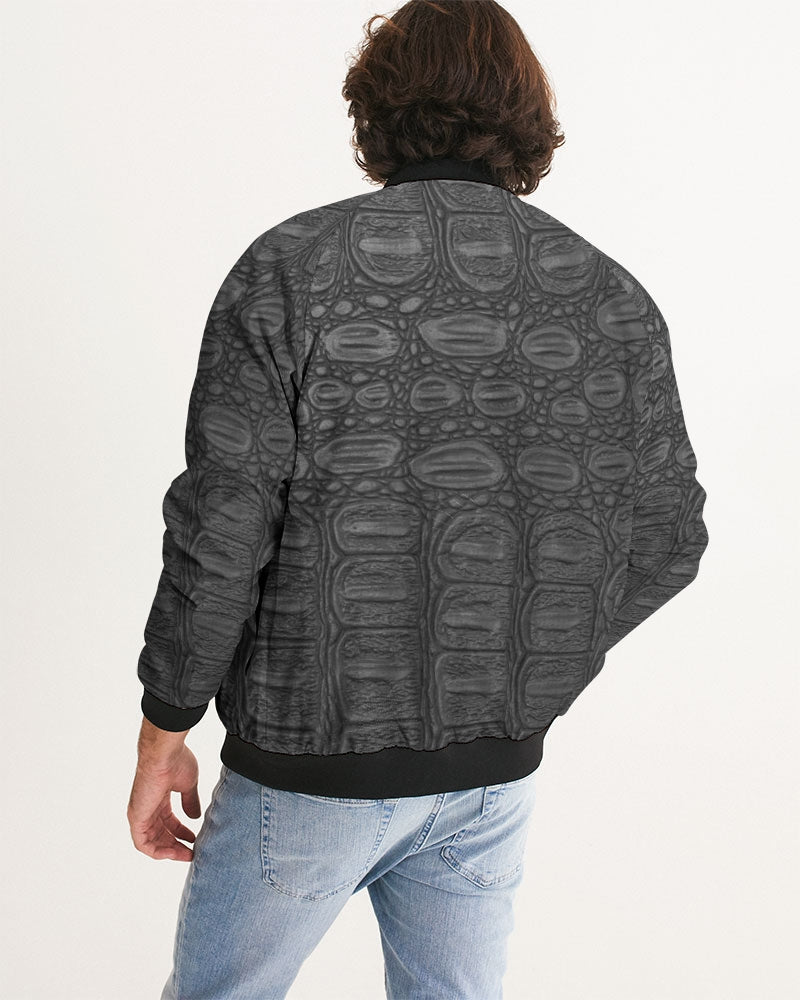 Men's Black Crocodile Bomber Jacket — bold all-over print by AmbiVirile, detail view