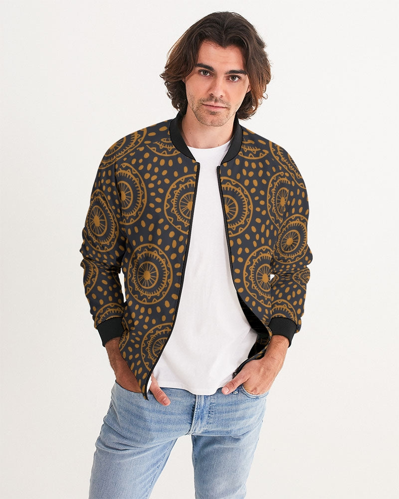 Men's Afro Circles Bomber Jacket — bold all-over print by AmbiVirile, front view