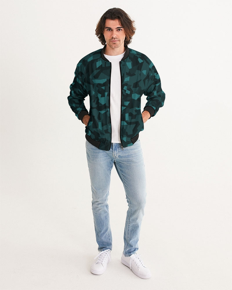 Men's AV Teal Camo Bomber Jacket — bold all-over print by AmbiVirile, back view