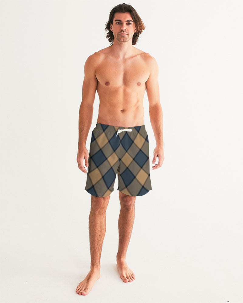 Men's Dark Teal Plaid Swim Trunks — bold all-over print by AmbiVirile, back view