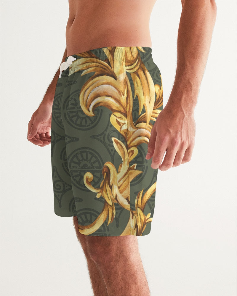 Men's Ornate Gold Swim Trunks — bold all-over print by AmbiVirile, side view