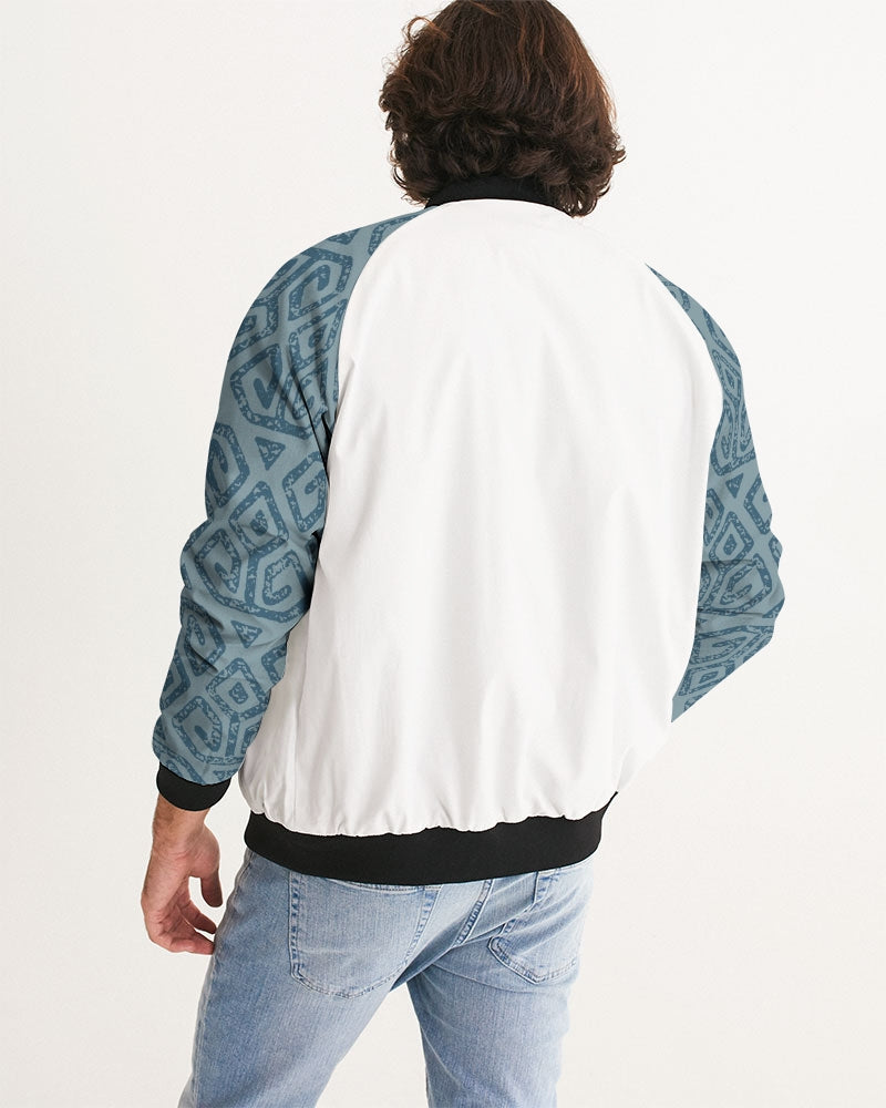 Men's Teal Tribal Cloth Bomber Jacket — bold all-over print by AmbiVirile, detail view