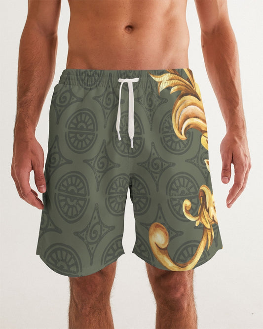 Men's Ornate Gold Swim Trunks — bold all-over print by AmbiVirile, front view